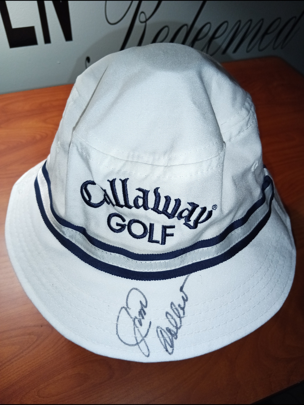 Callaway White Bucket Hat with Navy Stripes Signed By Jim Colbert